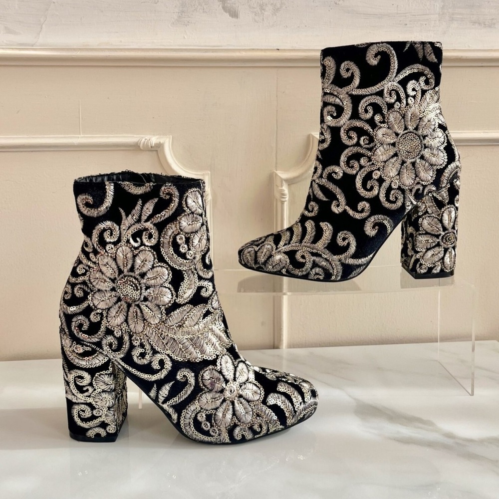 Elegant Velvet Black and Silver/Gold Embroidered Ankle Boots